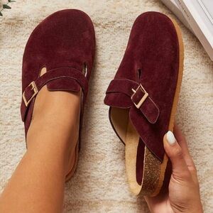 Burgundy Suede Buckle Sandals